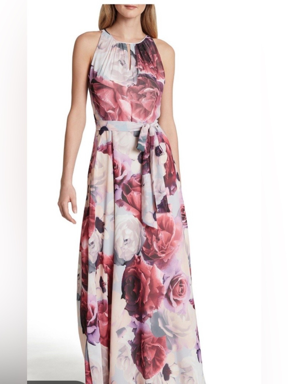 Tahari Pink and Cream Floral Halter Maxi Dress 16W New Wedding Guest